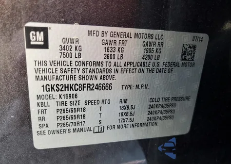 2015 GMC Yukon Xl K1500 Slt z USA, uszkodzony, nr VIN 1GKS2HKC8FR246666